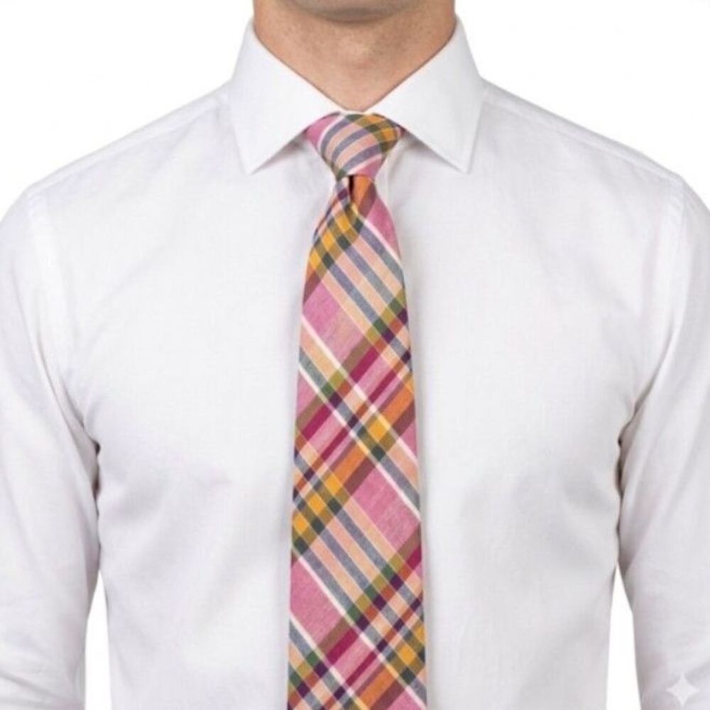 J. Crew Men's Pink Orange Green Red Madras Plaid 100% Cotton Tie